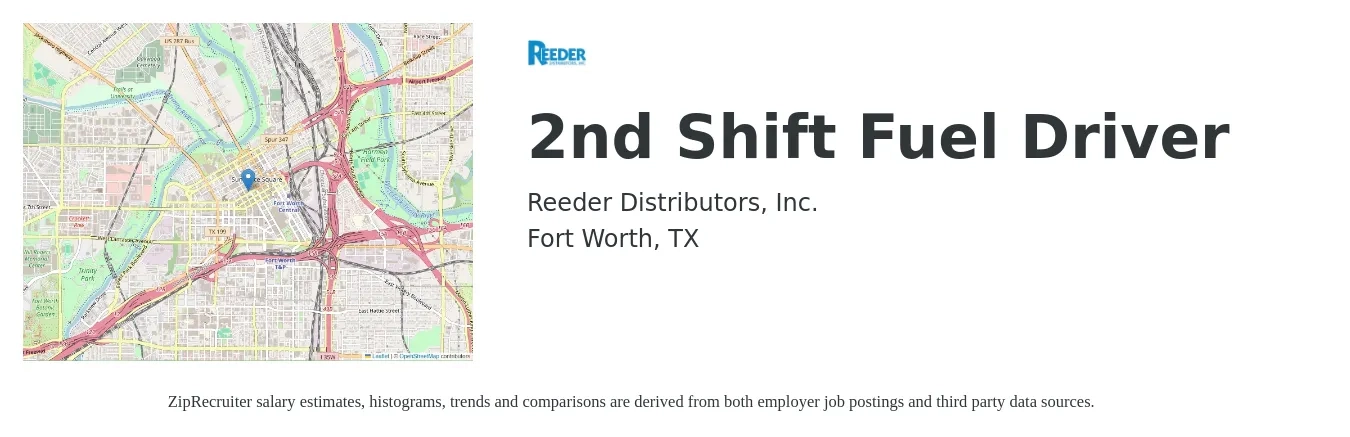 Reeder Distributors, Inc. job posting for a 2nd Shift Fuel Driver in Fort Worth, TX with a salary of $25 to $34 Hourly with a map of Fort Worth location.