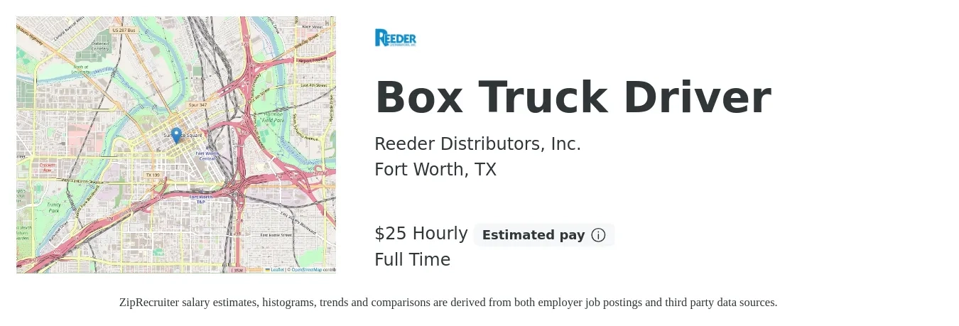Reeder Distributors, Inc. job posting for a Box Truck Driver in Fort Worth, TX with a salary of $27 Hourly with a map of Fort Worth location.