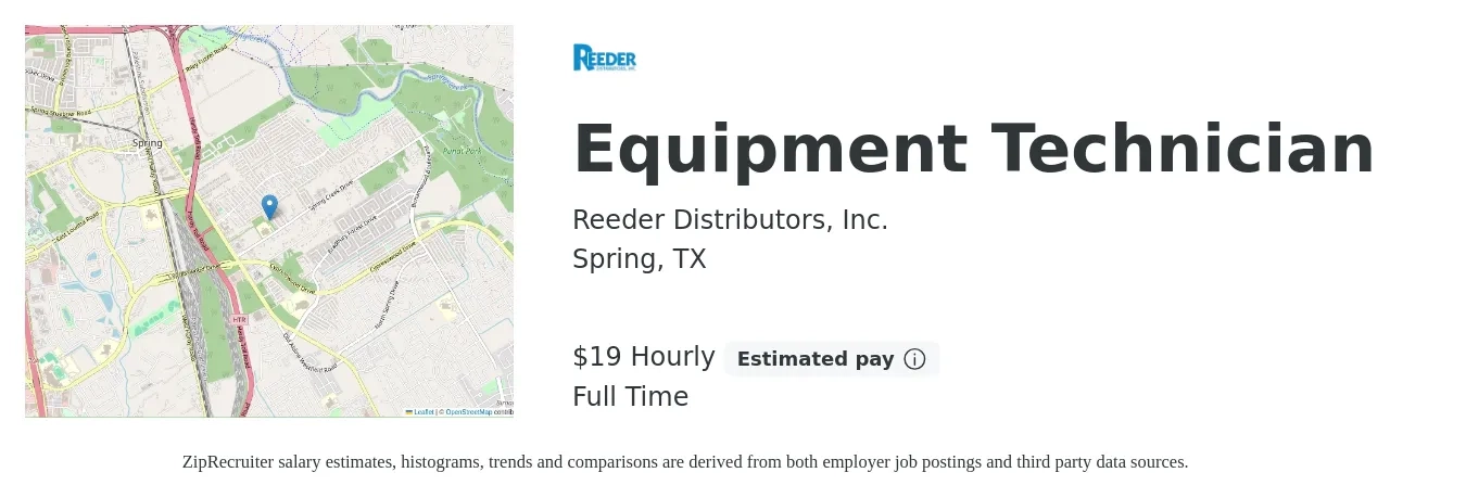 Reeder Distributors, Inc. job posting for a Equipment Technician in Spring, TX with a salary of $20 Hourly with a map of Spring location.