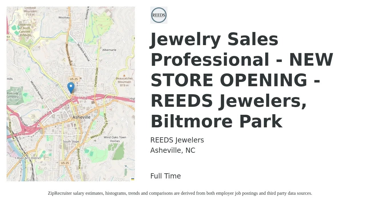 REEDS Jewelers job posting for a Jewelry Sales Professional - NEW STORE OPENING - REEDS Jewelers, Biltmore Park in Asheville, NC with a salary of $16 to $20 Hourly with a map of Asheville location.