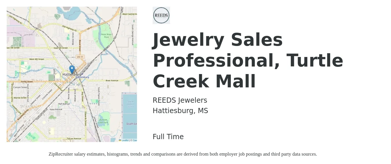 REEDS Jewelers job posting for a Jewelry Sales Professional, Turtle Creek Mall in Hattiesburg, MS with a salary of $16 to $20 Hourly with a map of Hattiesburg location.
