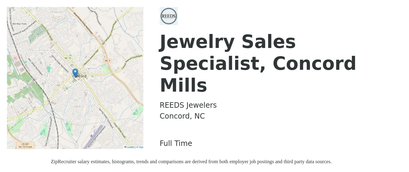 REEDS Jewelers job posting for a Jewelry Sales Specialist, Concord Mills in Concord, NC with a salary of $32,100 to $37,300 Yearly with a map of Concord location.
