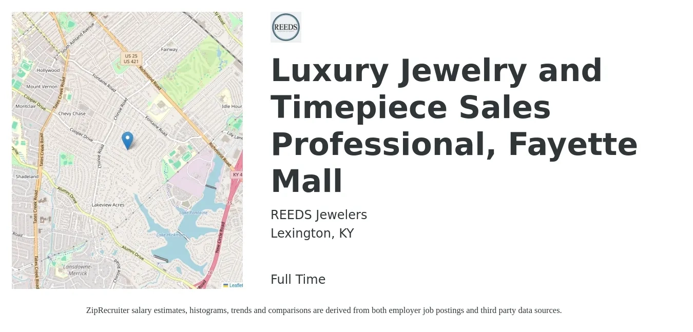 REEDS Jewelers job posting for a Luxury Jewelry and Timepiece Sales Professional, Fayette Mall in Lexington, KY with a salary of $16 to $21 Hourly with a map of Lexington location.