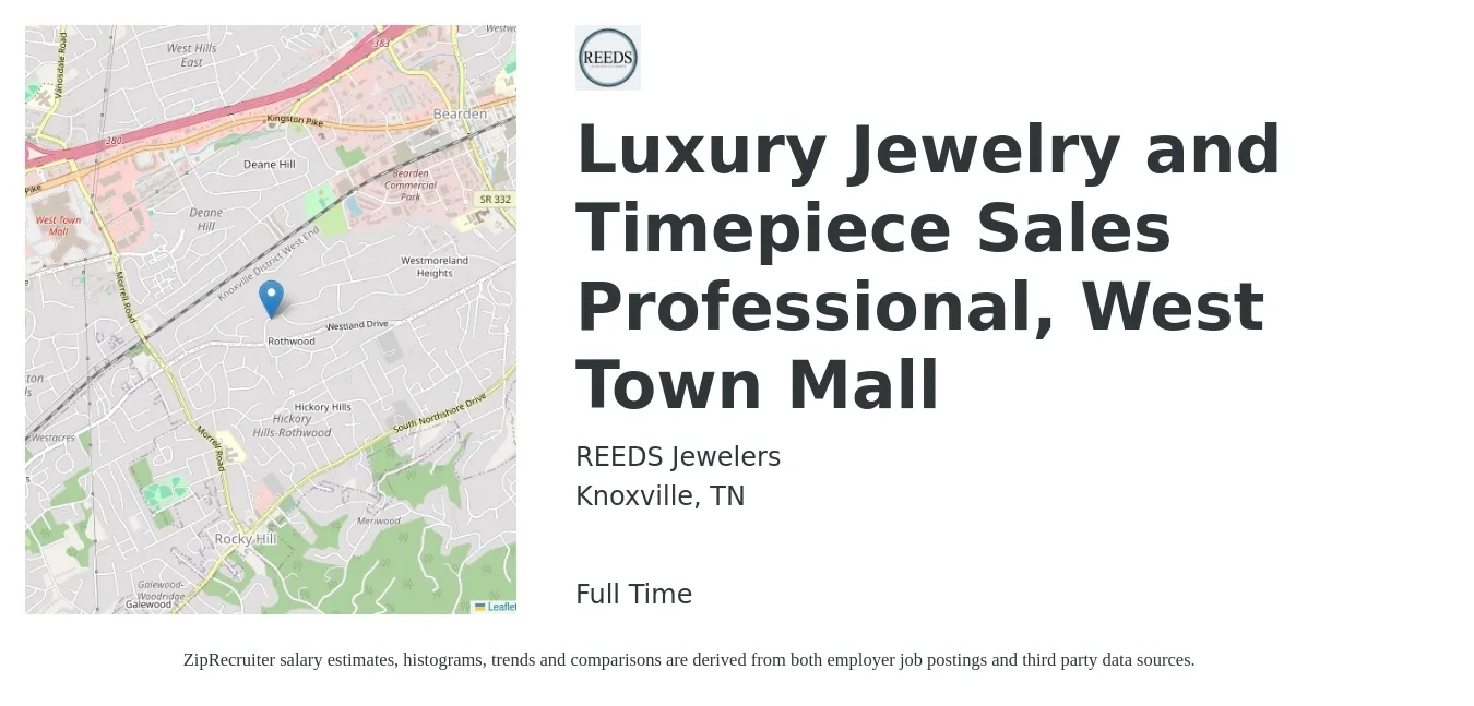 REEDS Jewelers job posting for a Luxury Jewelry and Timepiece Sales Professional, West Town Mall in Knoxville, TN with a salary of $16 to $20 Hourly with a map of Knoxville location.