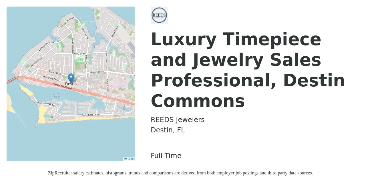 REEDS Jewelers job posting for a Luxury Timepiece and Jewelry Sales Professional, Destin Commons in Destin, FL with a salary of $15 to $19 Hourly with a map of Destin location.