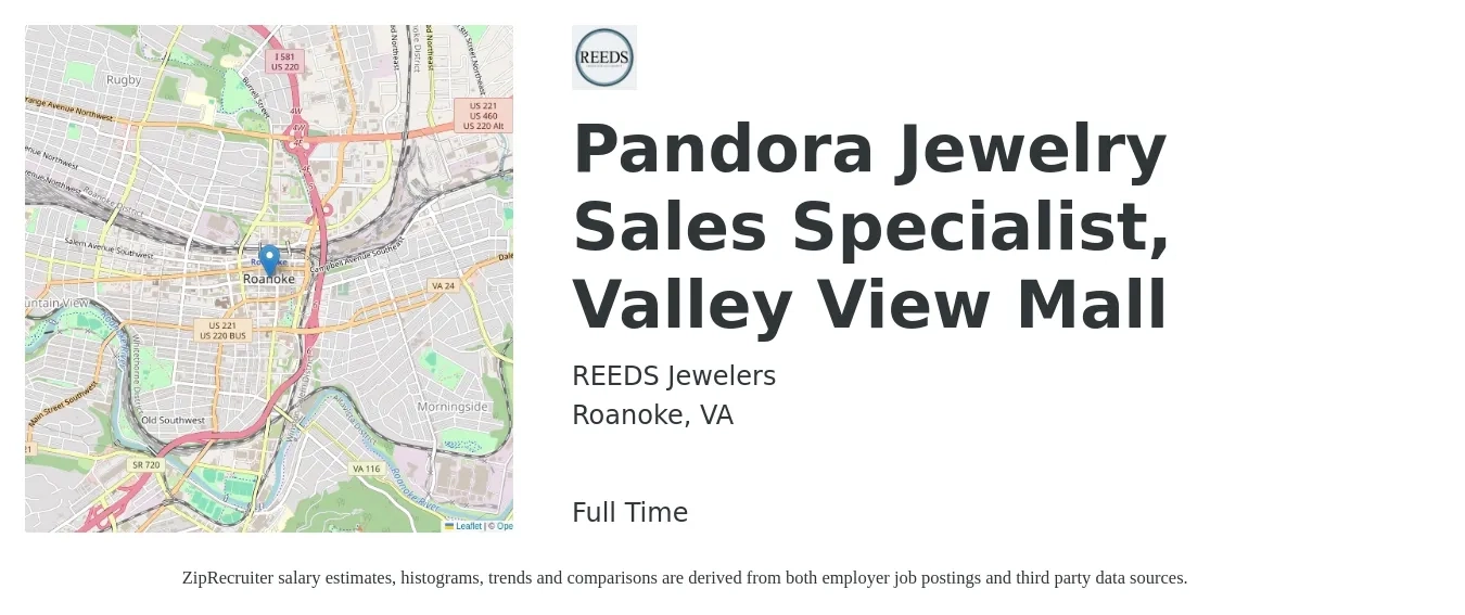 REEDS Jewelers job posting for a Pandora Jewelry Sales Specialist, Valley View Mall in Roanoke, VA with a salary of $33,900 to $39,200 Yearly with a map of Roanoke location.