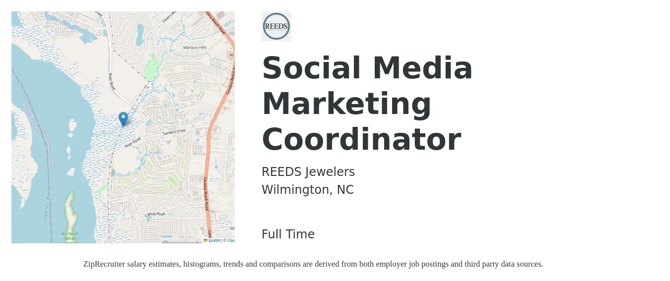 REEDS Jewelers job posting for a Social Media Marketing Coordinator in Wilmington, NC with a salary of $19 to $26 Hourly with a map of Wilmington location.