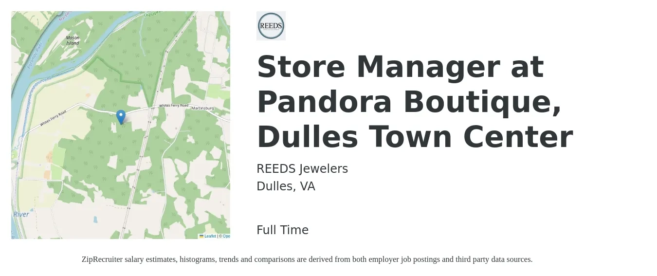 REEDS Jewelers job posting for a Store Manager at Pandora Boutique, Dulles Town Center in Dulles, VA with a salary of $18 to $28 Hourly with a map of Dulles location.