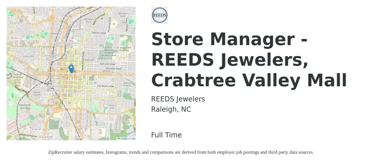 REEDS Jewelers job posting for a Store Manager - REEDS Jewelers, Crabtree Valley Mall in Raleigh, NC with a salary of $18 to $27 Hourly with a map of Raleigh location.