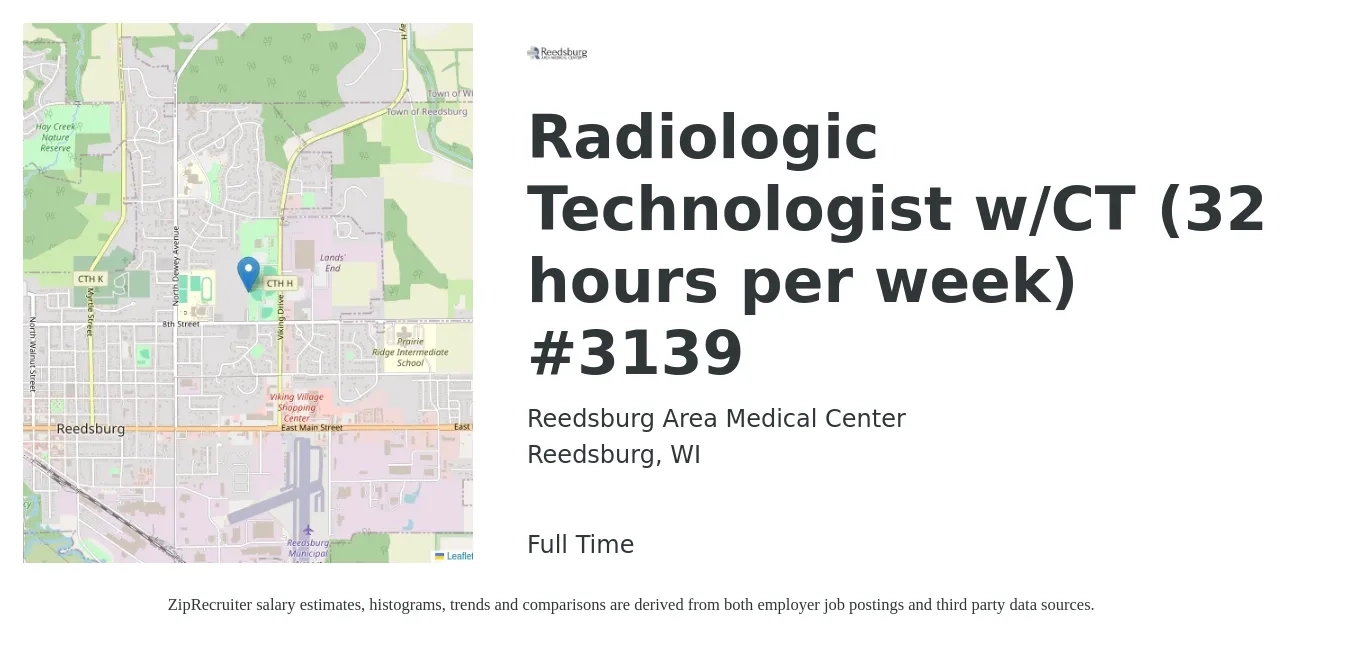 Reedsburg Area Medical Center job posting for a Radiologic Technologist w/CT (32 hours per week) #3139 in Reedsburg, WI with a salary of $32 to $48 Hourly with a map of Reedsburg location.