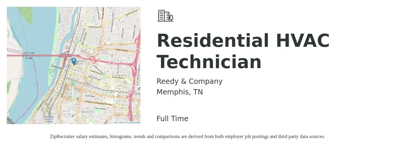 Reedy & Company job posting for a Residential HVAC Technician in Memphis, TN with a salary of $20 to $30 Hourly with a map of Memphis location.