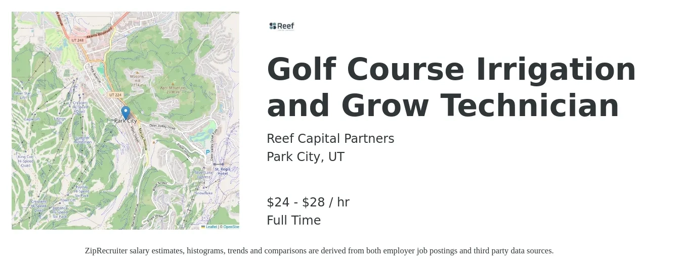 Reef Capital Partners job posting for a Golf Course Irrigation and Grow Technician in Park City, UT with a salary of $25 to $30 Hourly with a map of Park City location.