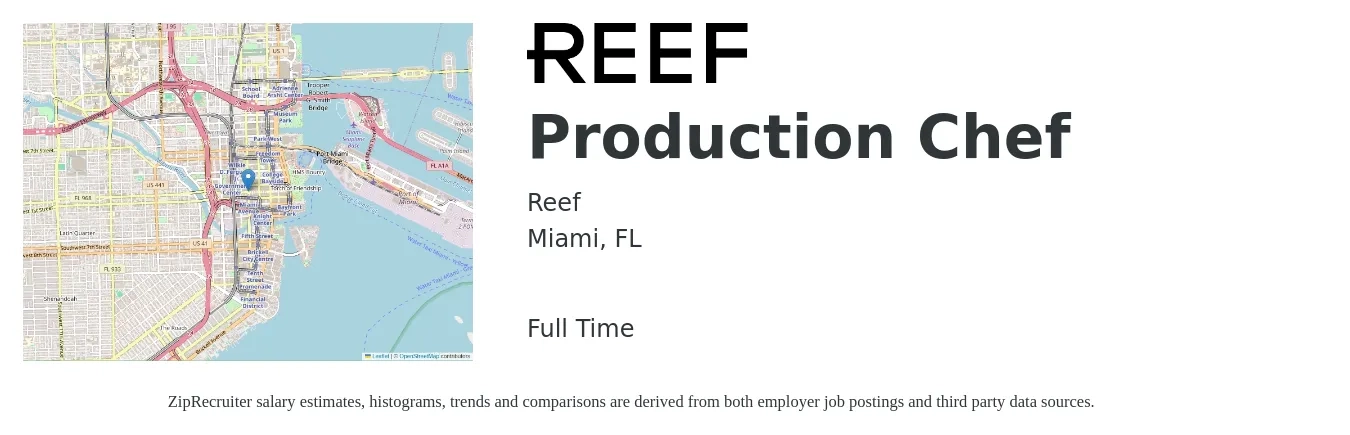 Reef job posting for a Production Chef in Miami, FL with a salary of $53,600 to $77,000 Yearly with a map of Miami location.