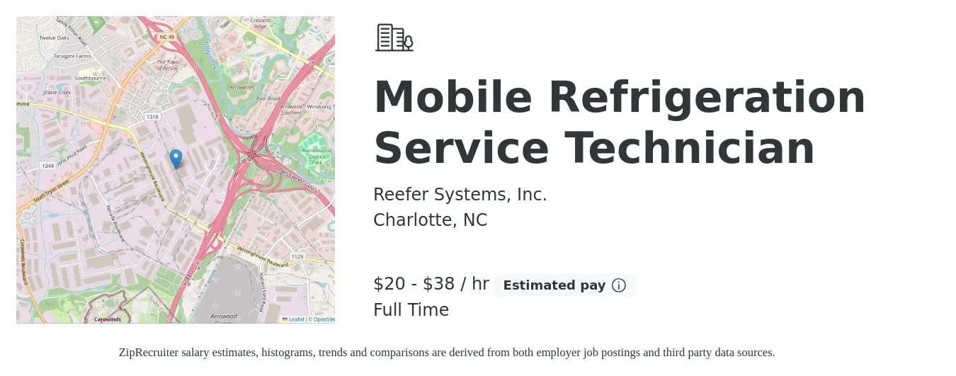 Reefer Systems, Inc. job posting for a Mobile Refrigeration Service Technician in Charlotte, NC with a salary of $21 to $40 Hourly with a map of Charlotte location.