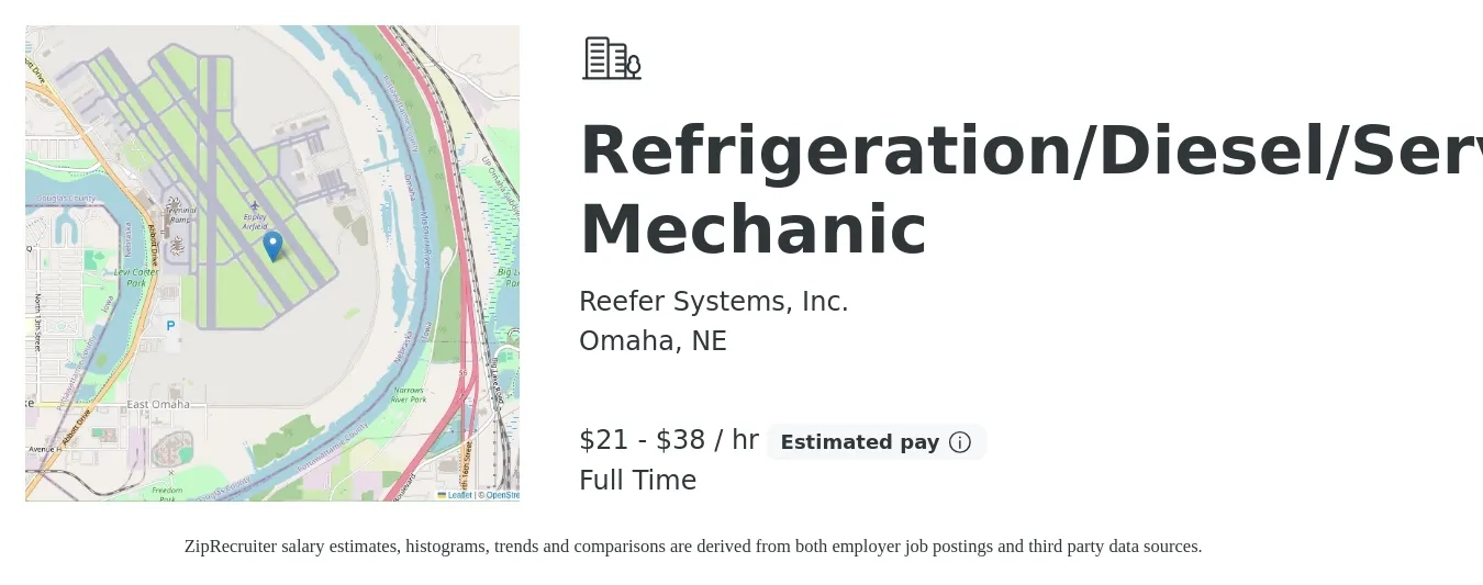 Reefer Systems, Inc. job posting for a Refrigeration/Diesel/Service Mechanic in Omaha, NE with a salary of $20 to $39 Hourly with a map of Omaha location.