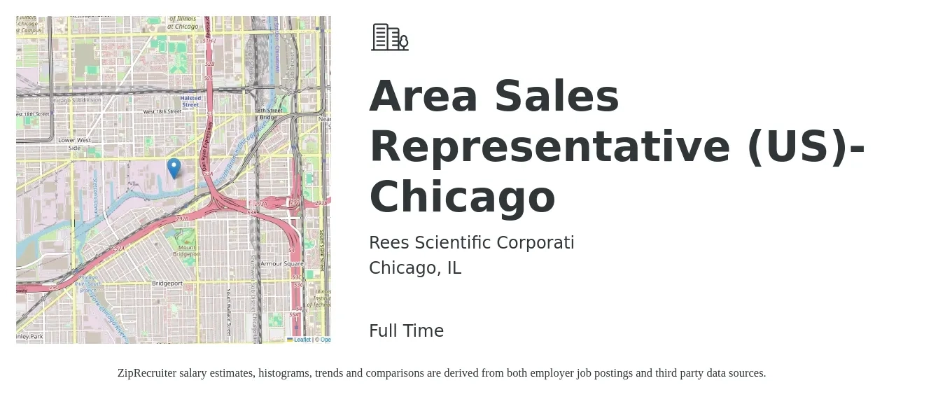 Rees Scientific Corporati job posting for a Area Sales Representative (US)-Chicago in Chicago, IL with a salary of $52,000 to $95,300 Yearly with a map of Chicago location.