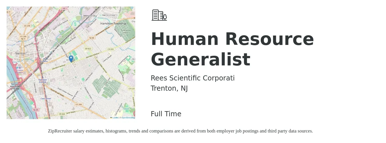 Rees Scientific Corporati job posting for a Human Resource Generalist in Trenton, NJ with a salary of $51,400 to $73,200 Yearly with a map of Trenton location.