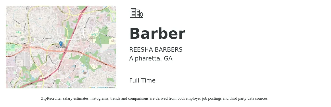 REESHA BARBERS job posting for a Barber in Alpharetta, GA with a salary of $300 to $800 Weekly with a map of Alpharetta location.