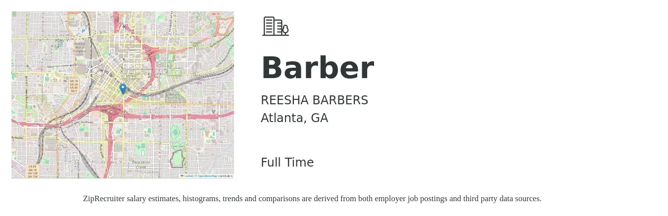 REESHA BARBERS job posting for a Barber in Atlanta, GA with a salary of $300 to $800 Weekly with a map of Atlanta location.