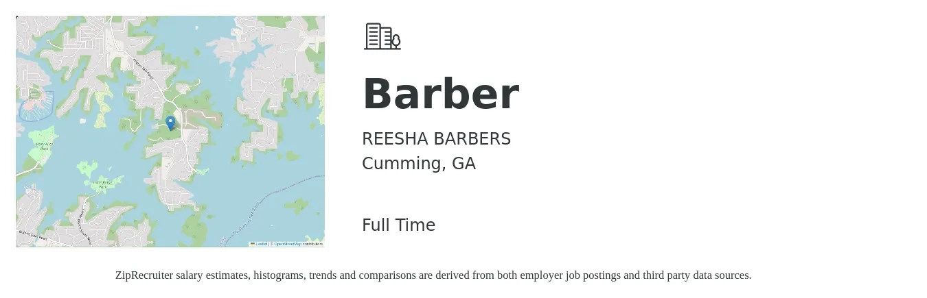 REESHA BARBERS job posting for a Barber in Cumming, GA with a salary of $300 to $800 Weekly with a map of Cumming location.