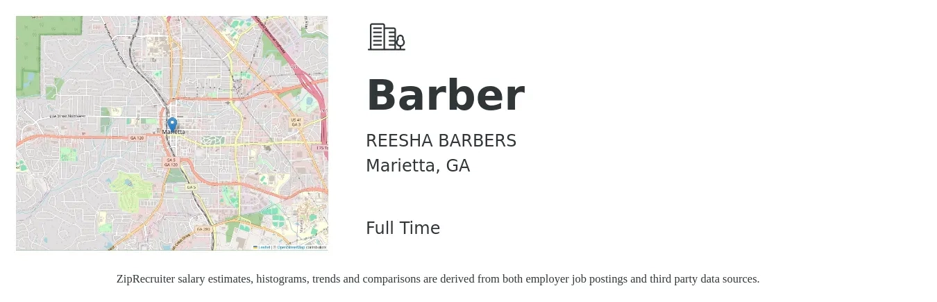 REESHA BARBERS job posting for a Barber in Marietta, GA with a salary of $300 to $800 Weekly with a map of Marietta location.