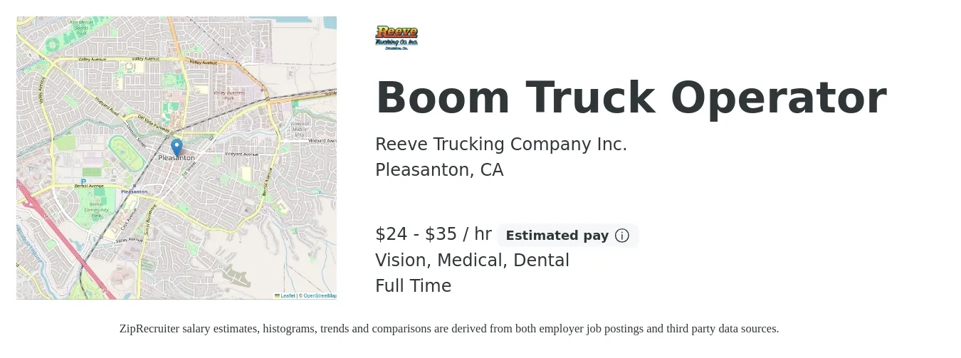 Reeve Trucking Company Inc. job posting for a Boom Truck Operator in Pleasanton, CA with a salary of $25 to $37 Hourly and benefits including medical, pto, retirement, vision, dental, and life_insurance with a map of Pleasanton location.