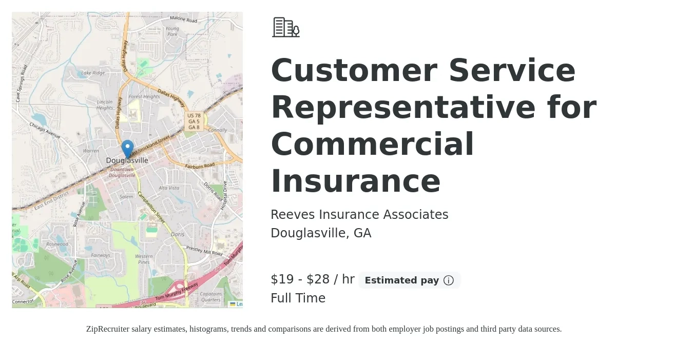 Reeves Insurance Associates job posting for a Customer Service Representative for Commercial Insurance in Douglasville, GA with a salary of $20 to $30 Hourly with a map of Douglasville location.