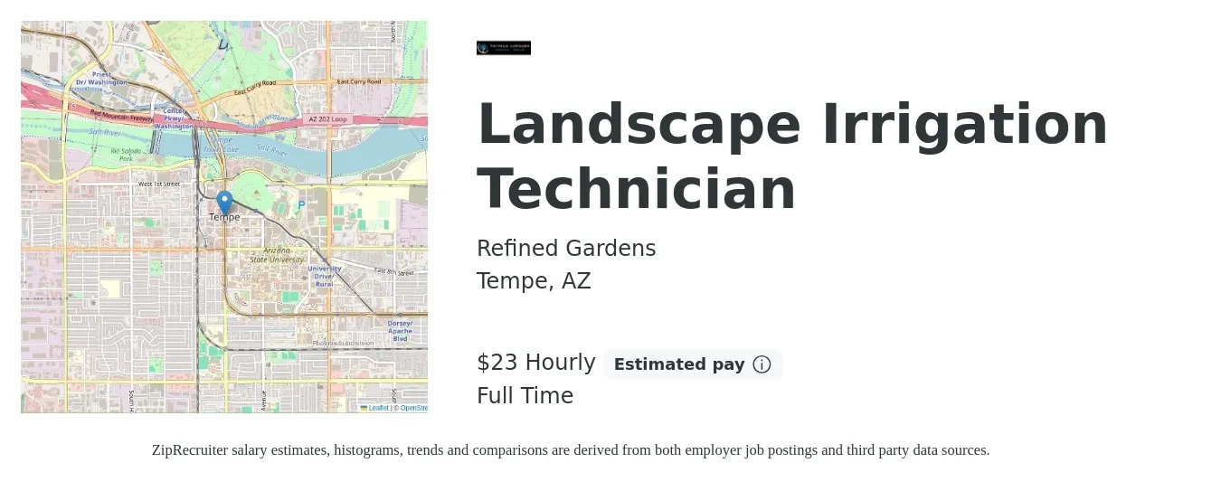 Refined Gardens job posting for a Landscape Irrigation Technician in Tempe, AZ with a salary of $24 Hourly with a map of Tempe location.