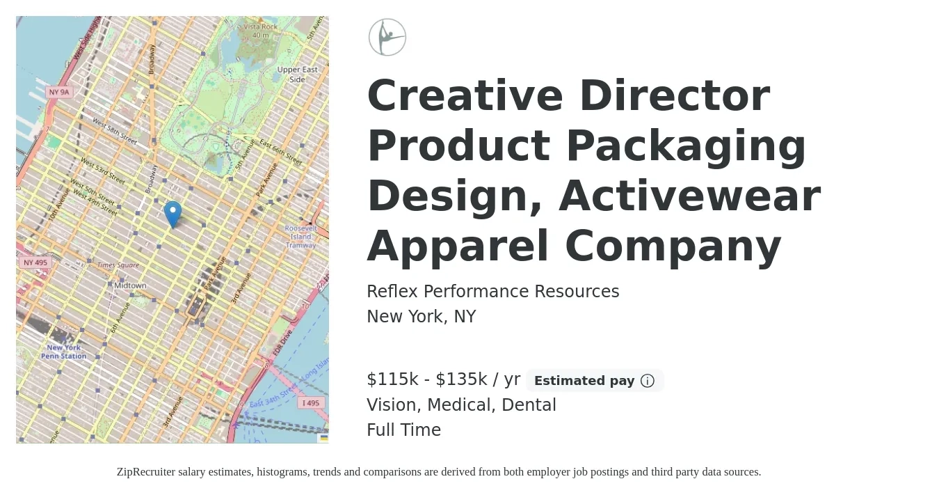 Reflex Performance Resources job posting for a Creative Director Product Packaging Design, Activewear Apparel Company in New York, NY with a salary of $115,000 to $135,000 Yearly and benefits including life_insurance, medical, pto, retirement, vision, and dental with a map of New York location.