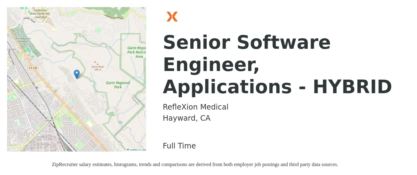 RefleXion Medical job posting for a Senior Software Engineer, Applications - HYBRID in Hayward, CA with a salary of $69 to $94 Hourly with a map of Hayward location.