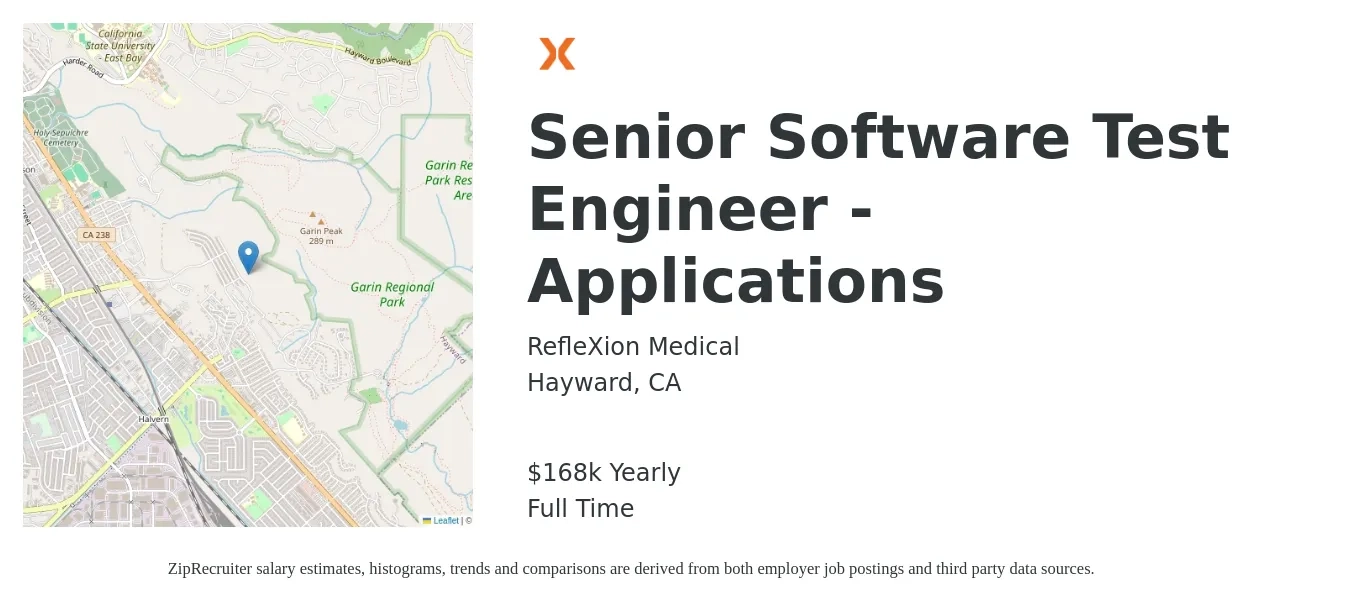 RefleXion Medical job posting for a Senior Software Test Engineer - Applications in Hayward, CA with a salary of $168,418 Yearly with a map of Hayward location.