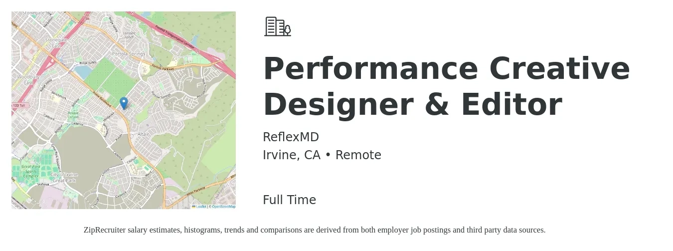 ReflexMD job posting for a Performance Creative Designer & Editor in Irvine, CA with a salary of $56,400 to $80,500 Yearly with a map of Irvine location.
