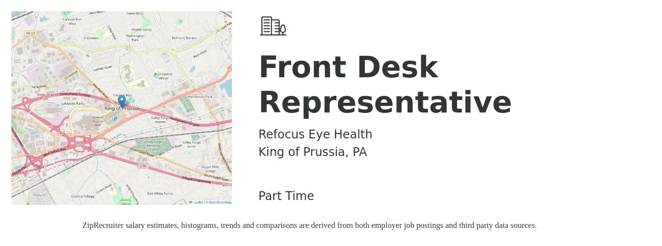 Refocus Eye Health job posting for a Front Desk Representative in King of Prussia, PA with a salary of $14 to $18 Hourly with a map of King of Prussia location.