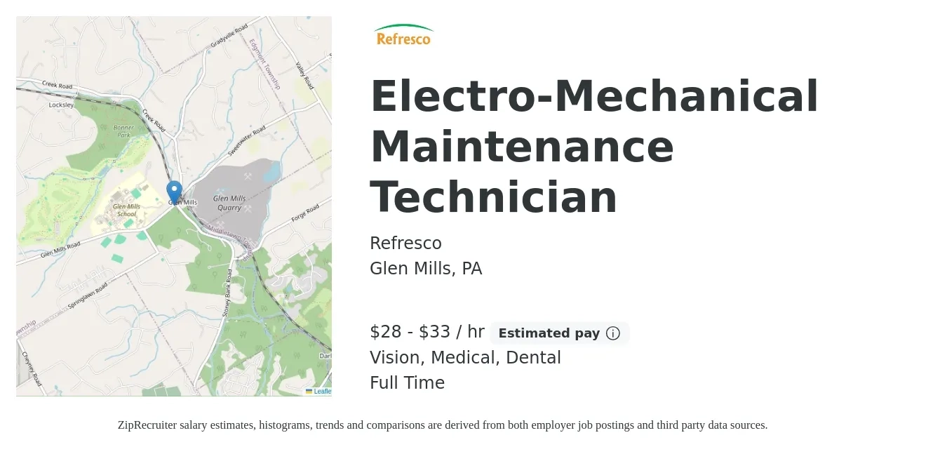 Refresco job posting for a Electro-Mechanical Maintenance Technician in Glen Mills, PA with a salary of $29 to $35 Hourly and benefits including dental, life_insurance, medical, retirement, and vision with a map of Glen Mills location.