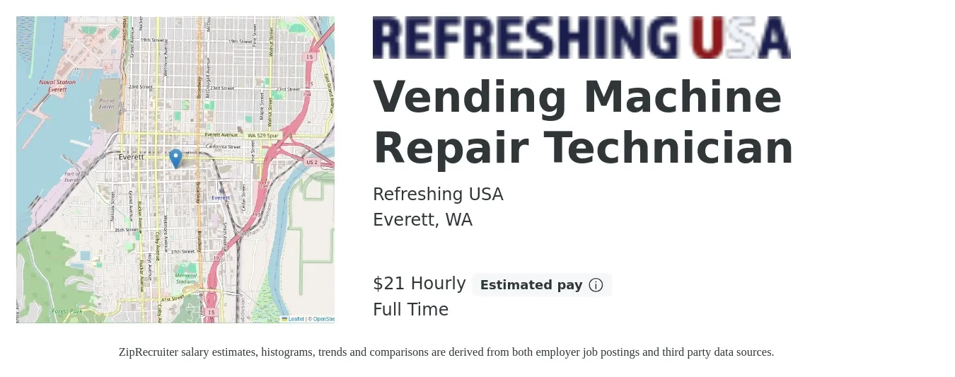 Refreshing USA job posting for a Vending Machine Repair Technician in Everett, WA with a salary of $22 Hourly with a map of Everett location.