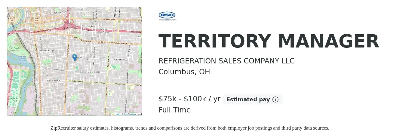REFRIGERATION SALES COMPANY LLC job posting for a TERRITORY MANAGER in Columbus, OH with a salary of $75,000 to $100,000 Yearly with a map of Columbus location.