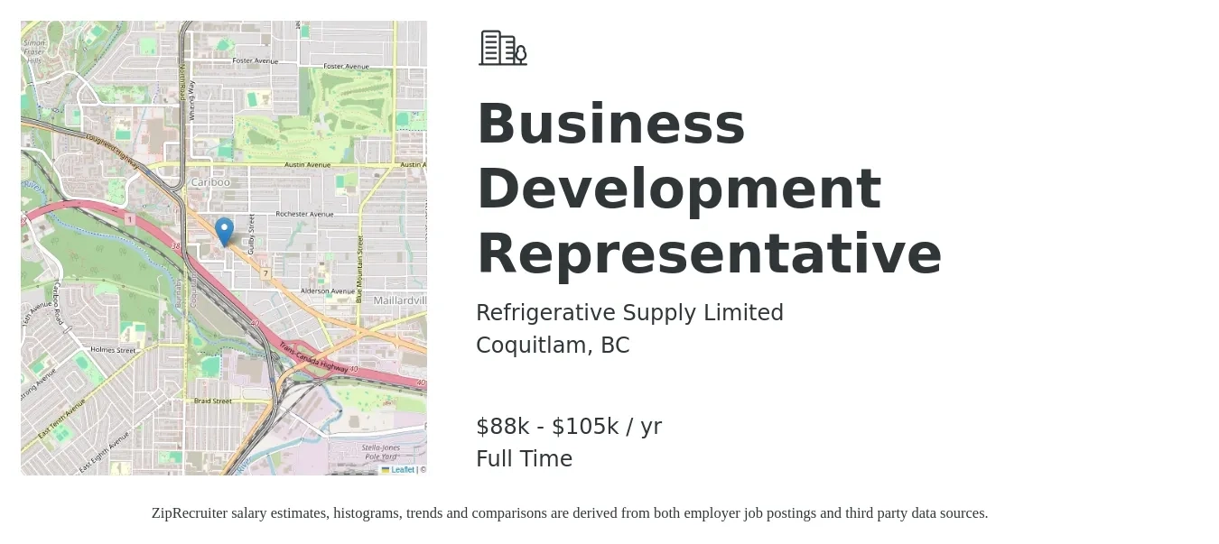 Refrigerative Supply Limited job posting for a Business Development Representative in Coquitlam, BC with a salary of $88,000 to $105,000 Yearly with a map of Coquitlam location.