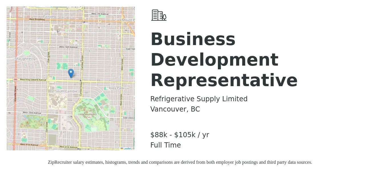 Refrigerative Supply Limited job posting for a Business Development Representative in Vancouver, BC with a salary of $88,000 to $105,000 Yearly with a map of Vancouver location.