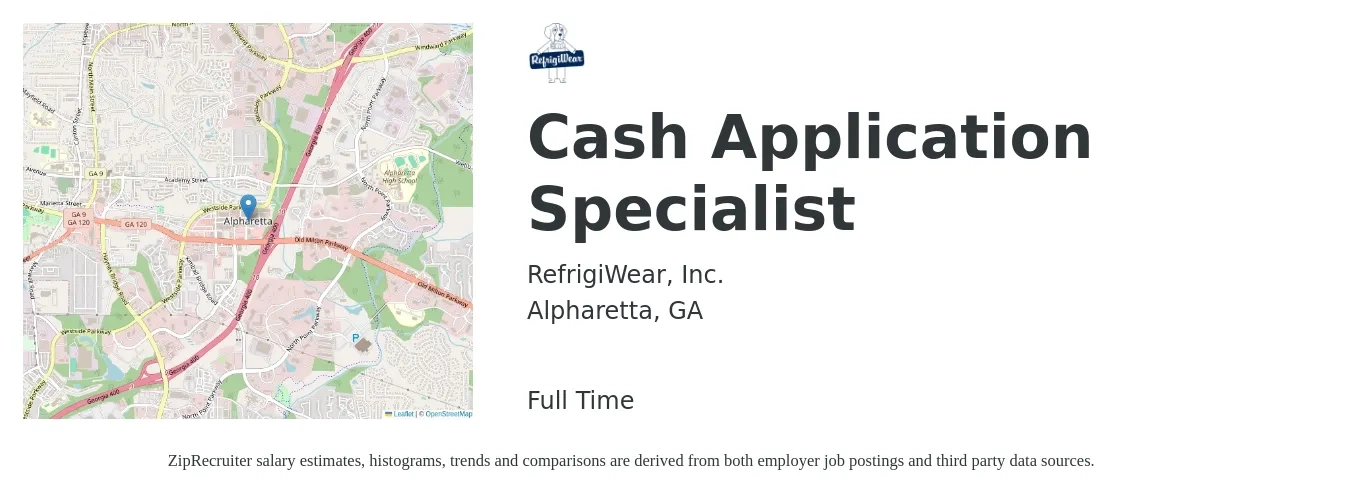 RefrigiWear, Inc. job posting for a Cash Application Specialist in Alpharetta, GA with a salary of $24 to $26 Hourly with a map of Alpharetta location.