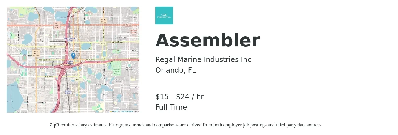 Regal Marine Industries Inc job posting for a Assembler in Orlando, FL with a salary of $16 to $25 Hourly with a map of Orlando location.