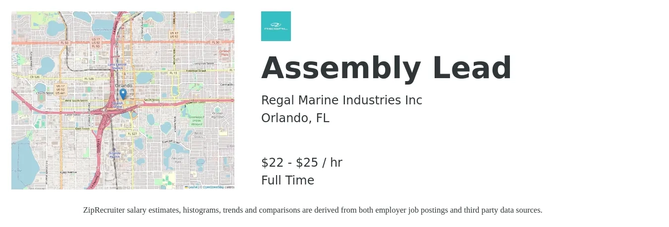 Regal Marine Industries Inc job posting for a Assembly Lead in Orlando, FL with a salary of $23 to $27 Hourly with a map of Orlando location.