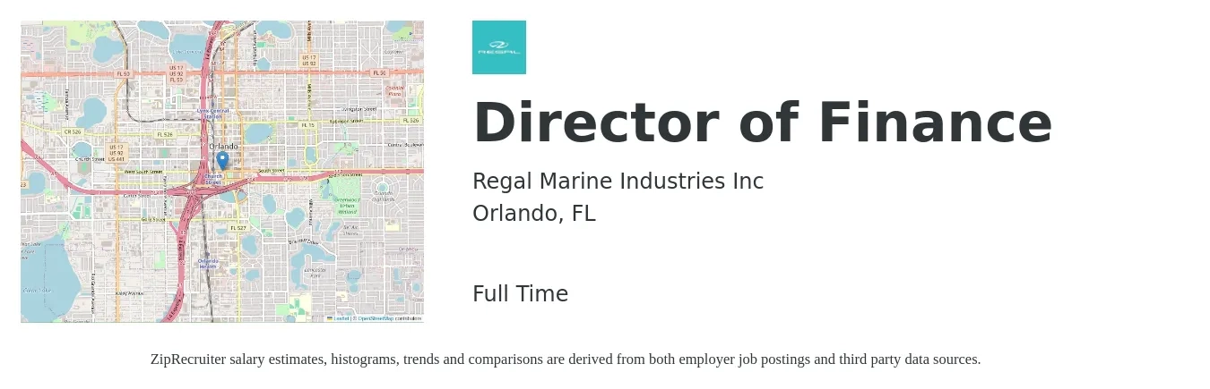 Regal Marine Industries Inc job posting for a Director of Finance in Orlando, FL with a salary of $93,800 to $142,800 Yearly with a map of Orlando location.