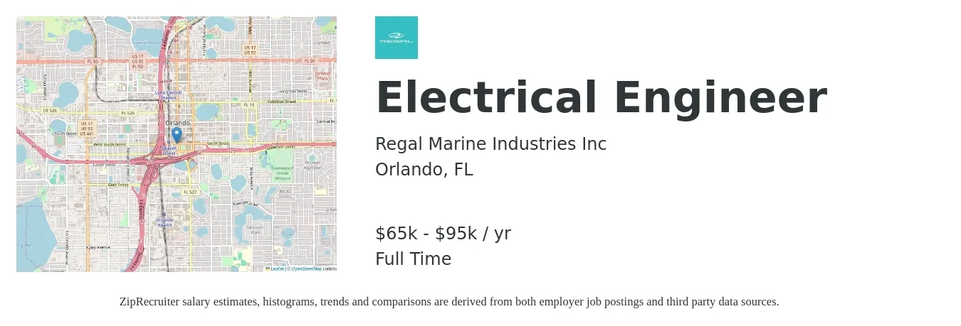Regal Marine Industries Inc job posting for a Electrical Engineer in Orlando, FL with a salary of $65,000 to $95,000 Yearly with a map of Orlando location.