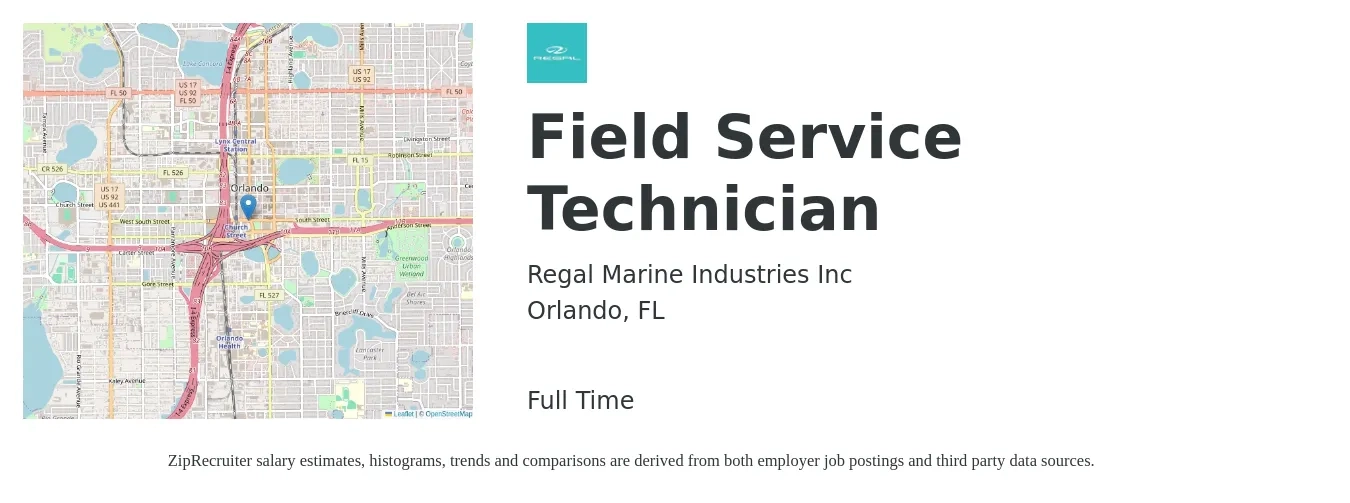 Regal Marine Industries Inc job posting for a Field Service Technician in Orlando, FL with a salary of $18 to $25 Hourly with a map of Orlando location.