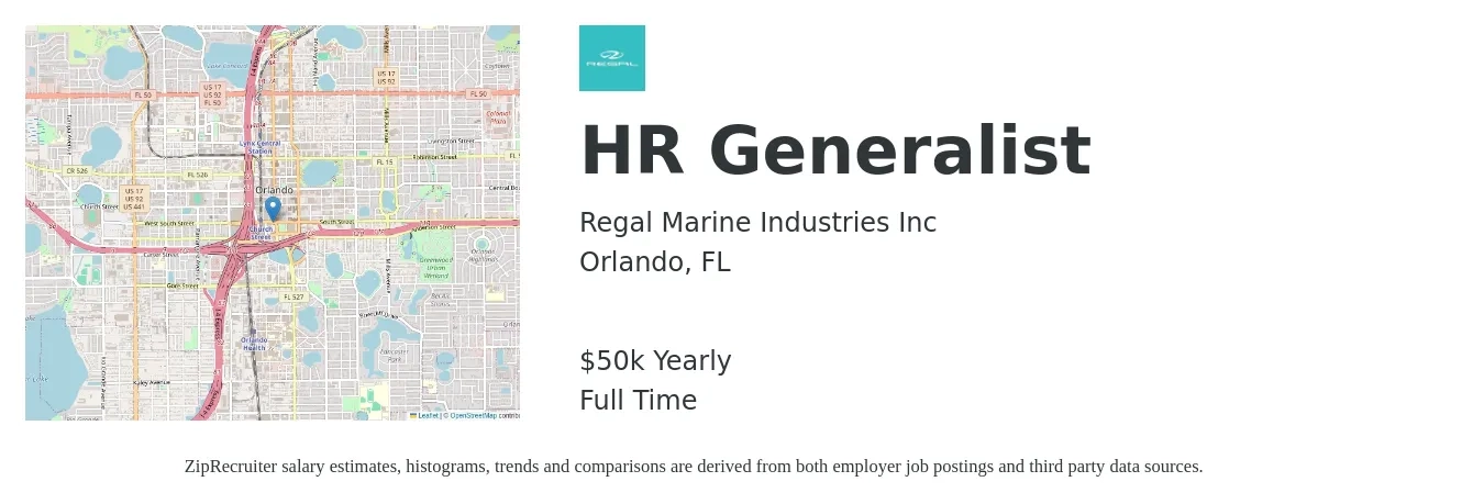 Regal Marine Industries Inc job posting for a HR Generalist in Orlando, FL with a salary of $50,000 Yearly with a map of Orlando location.