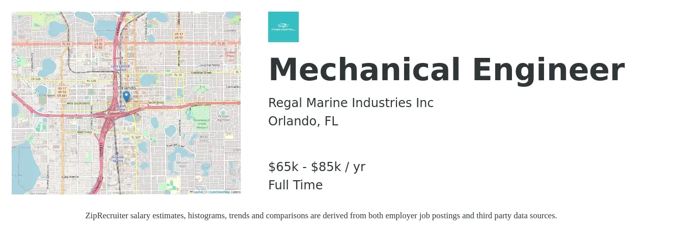 Regal Marine Industries Inc job posting for a Mechanical Engineer in Orlando, FL with a salary of $65,000 to $85,000 Yearly with a map of Orlando location.