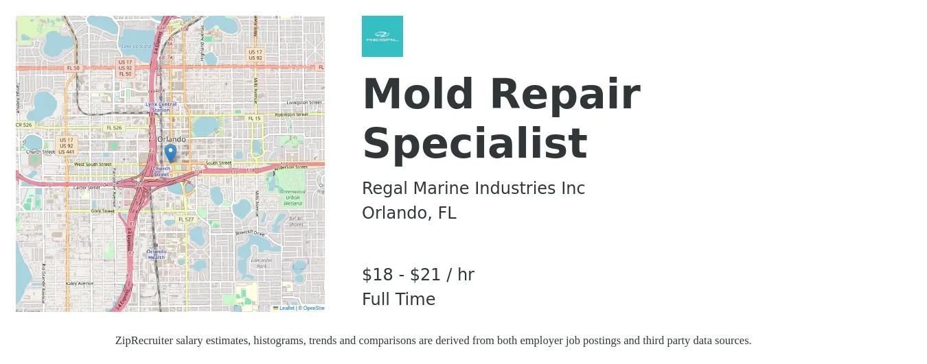 Regal Marine Industries Inc job posting for a Mold Repair Specialist in Orlando, FL with a salary of $20 to $22 Hourly with a map of Orlando location.