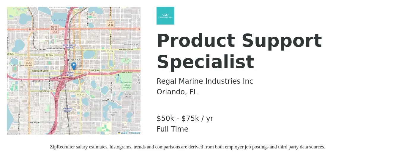 Regal Marine Industries Inc job posting for a Product Support Specialist in Orlando, FL with a salary of $50,000 to $75,000 Yearly with a map of Orlando location.