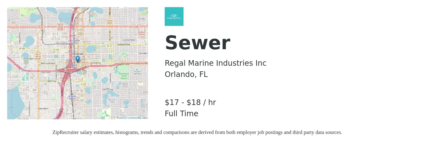 Regal Marine Industries Inc job posting for a Sewer in Orlando, FL with a salary of $18 to $20 Hourly with a map of Orlando location.