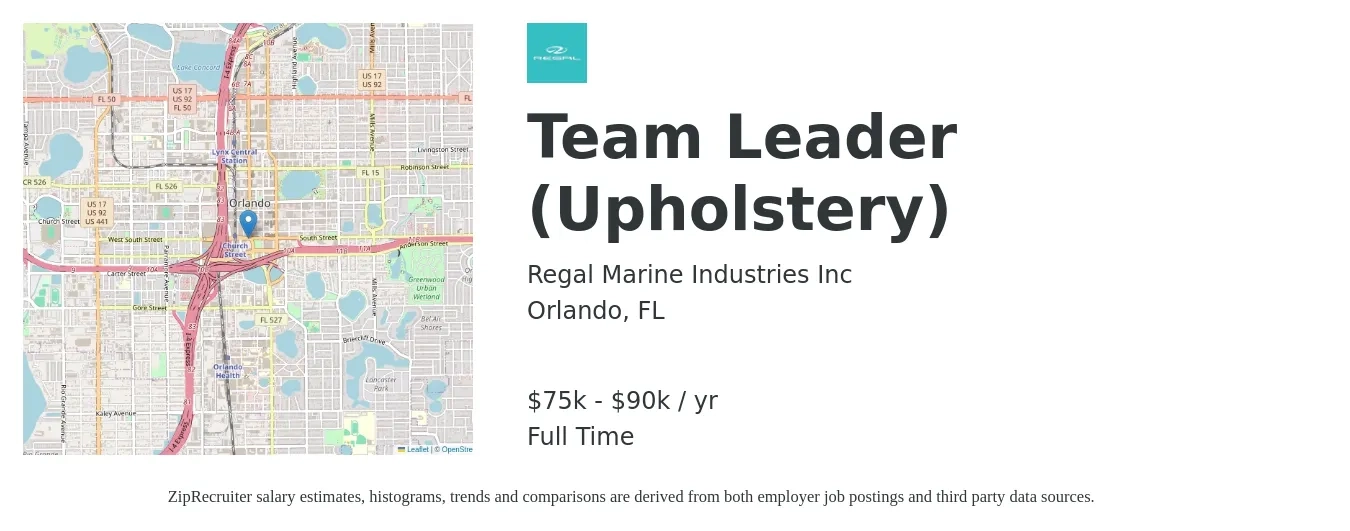 Regal Marine Industries Inc job posting for a Team Leader (Upholstery) in Orlando, FL with a salary of $75,000 to $90,000 Yearly with a map of Orlando location.